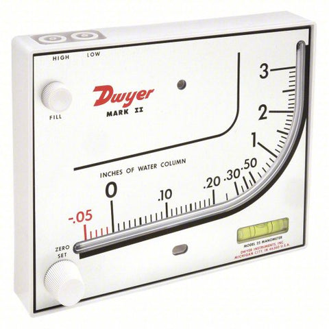 DWYER Analog Manometer: Inclined Vertical, MARK II 25, 0 in wc to 3 in wc
