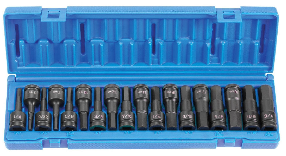 Grey Pneumatic 18 Piece 1/2" Hex Impact Driver Set - SAE/Metric
